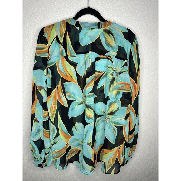 Chico's Blouse Womens 3.5 US 18 Black Teal Floral Sheer Boho Long Sleeve Peasant - Picture 5 of 6